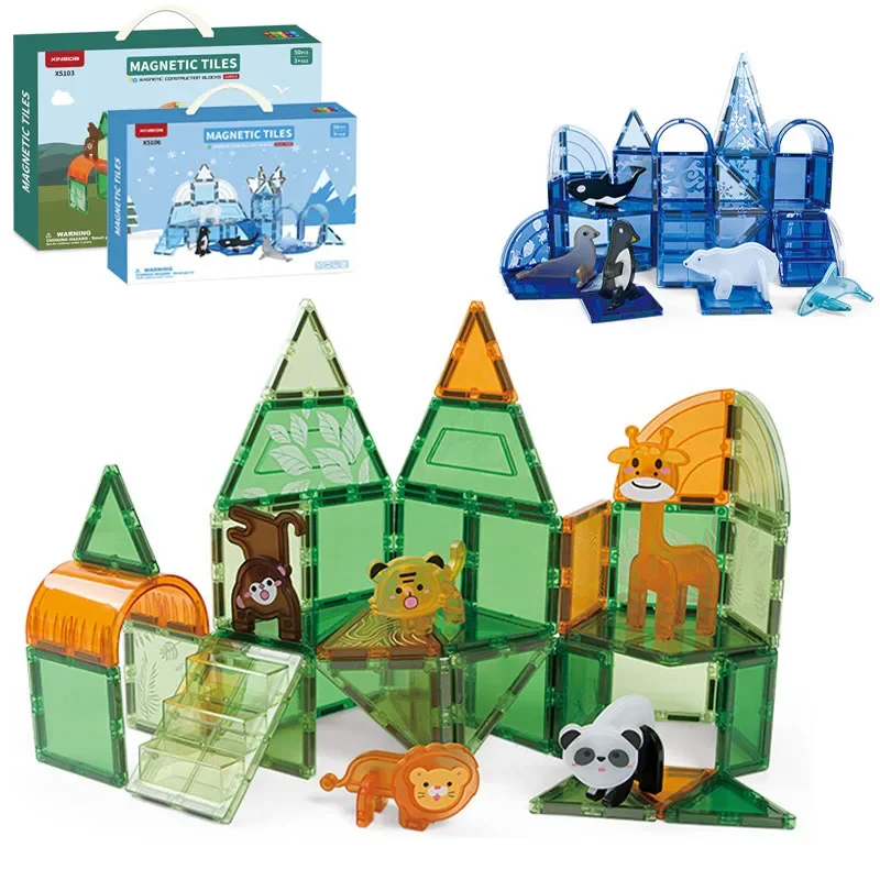 Magnetic Building Blocks Tile Kids Toy DIY Magnetic Designer Construction Set Animal Dinosaur Montessori Educational Toy for Boy