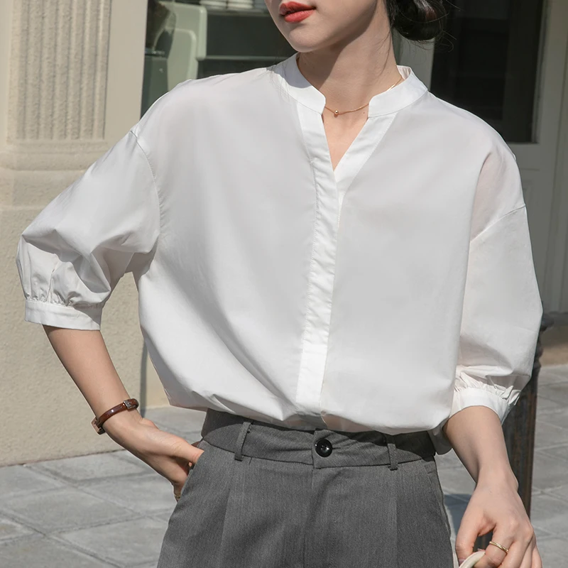 Women's Chic Half Sleeve V Neck Shirt Summer Casual Thin White Blouse Lady Streetwear Elegant Shirt Top