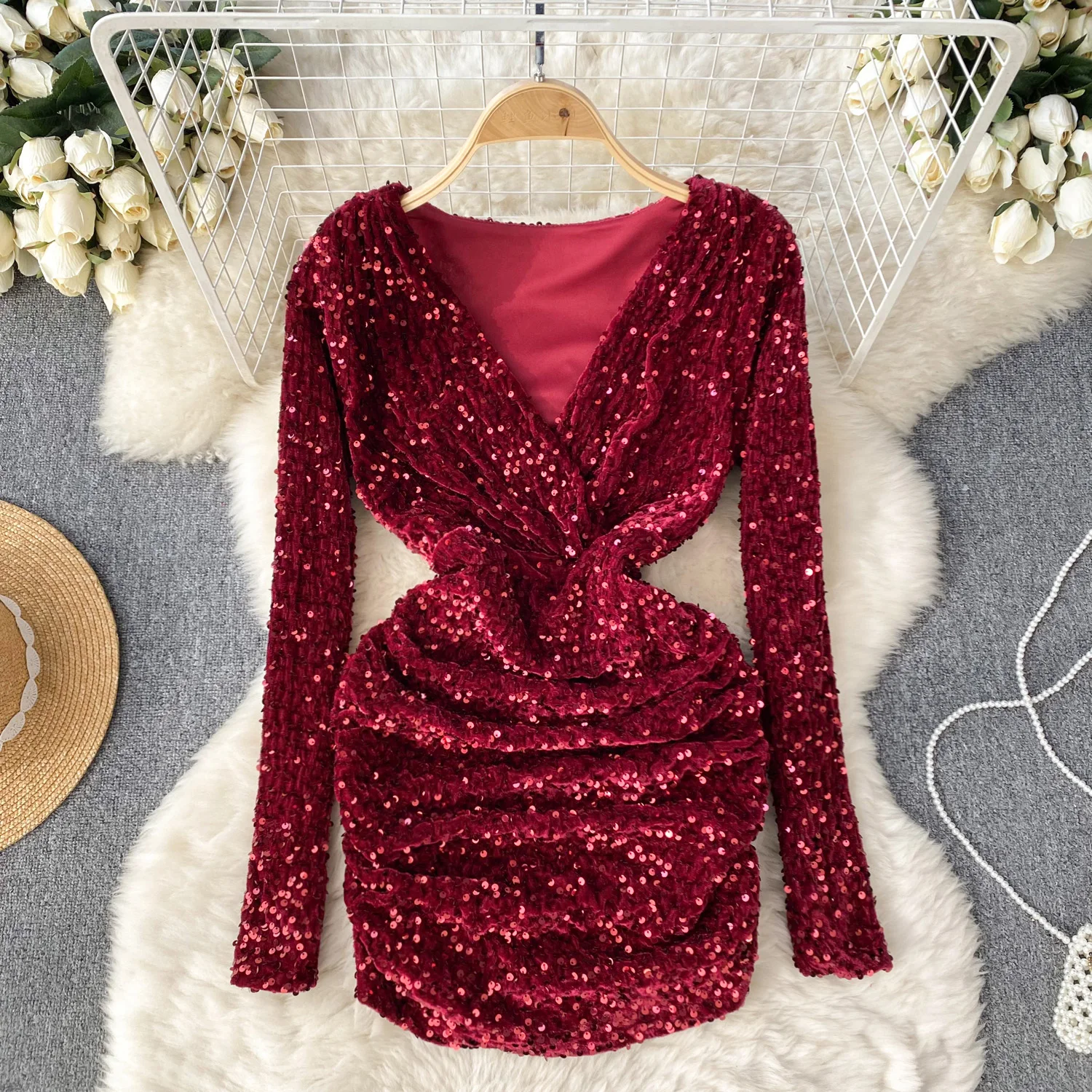 Chic Bodycon Sequin Pleated Vneck Long Sleeve Dress  Fashion Vestidos Women Vintage Spring Autumn Ceremonial Hip Wrap Dress