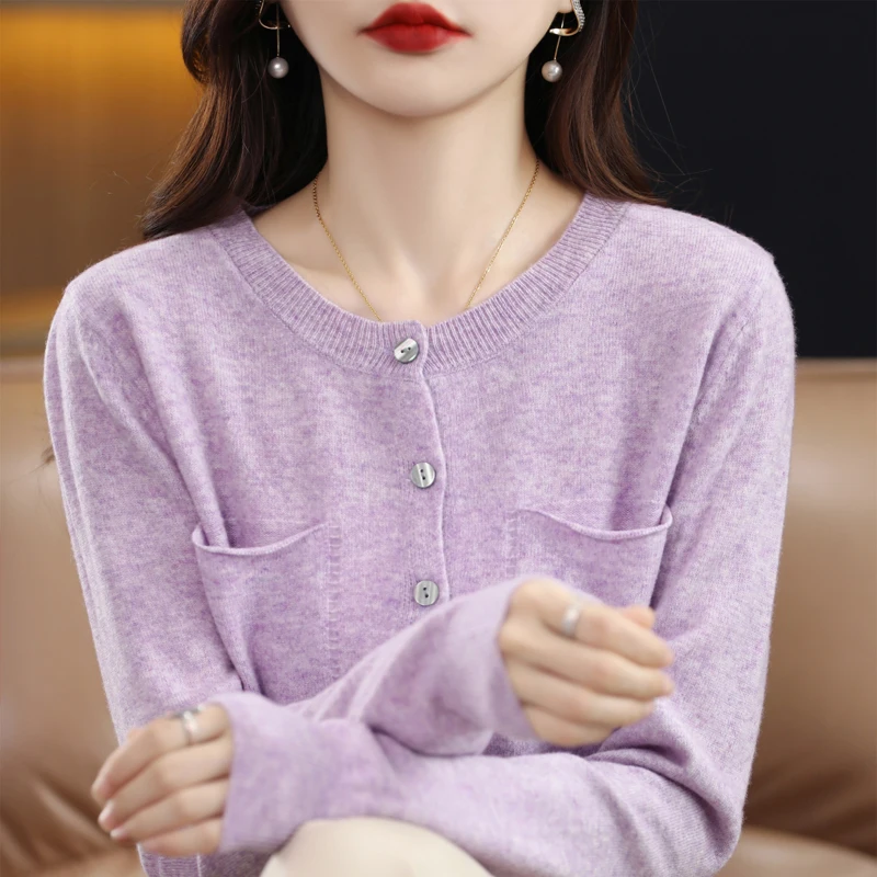 

European and American Trend 100% Merino Wool Sweater O-Neck Women's Knitted Versatile Long Sleeve Cardigan Women's Coat Hot Sale