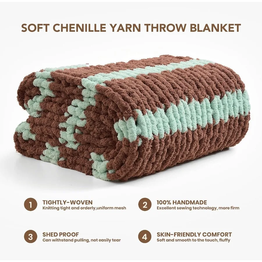 Chunky Knit Blanket Throw: 60''x80'' Chenille Chunky Knitted Throw Blankets for Twin Bed Couch Handmade Thick Cable Knit Blanke