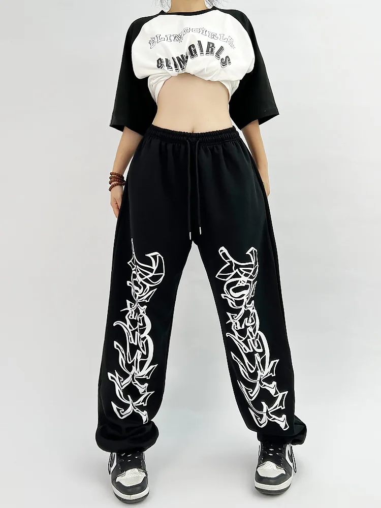 

TRAF Street Hip Hop Black Printed Sports Pants Women's 2023 Autumn/Winter Loose Relaxed Pants Guard Pants