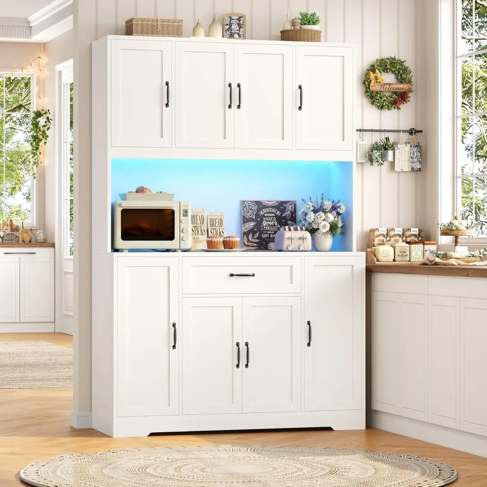 70" LED Kitchen Pantry Cabinet with Charging Station, 47" Wide Pantry Storage Cabinet with Large Microwave Stand, Customized 1