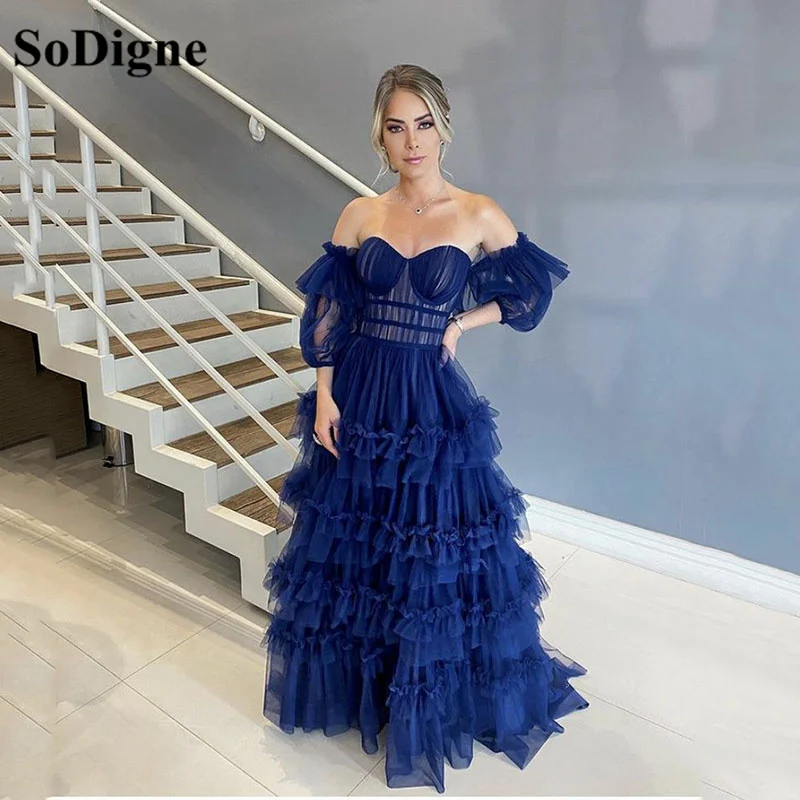 

SoDigne Navy Blue Gorgeous Ruffled Tulle Prom Dresses Sweethearts Corset Tiered Evening Gowns Formal Party Dress