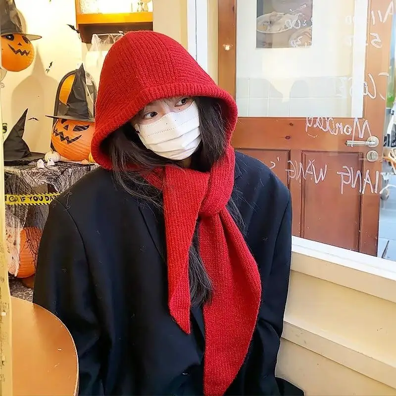 Knitted Winter Balaclava Thickened One-Piece Scarf Cap Hooded Y2K One Size Black Women Knitted Hooded Scarf Balaclava 2-in-1 Winter Warm Hat  main image 3