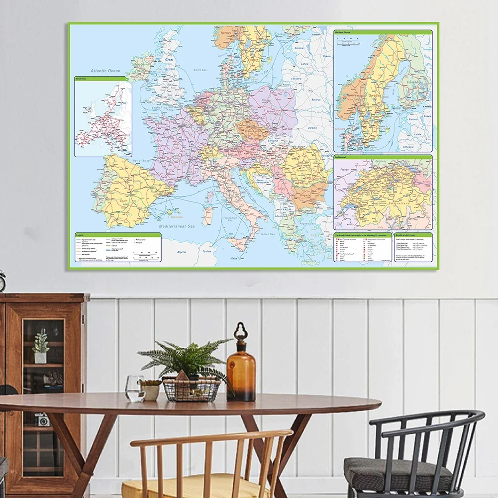225*150cm The Europe Political and Traffic Route Map Wall Poster Non-woven Canvas Painting School Supplies Classroom Home Decor