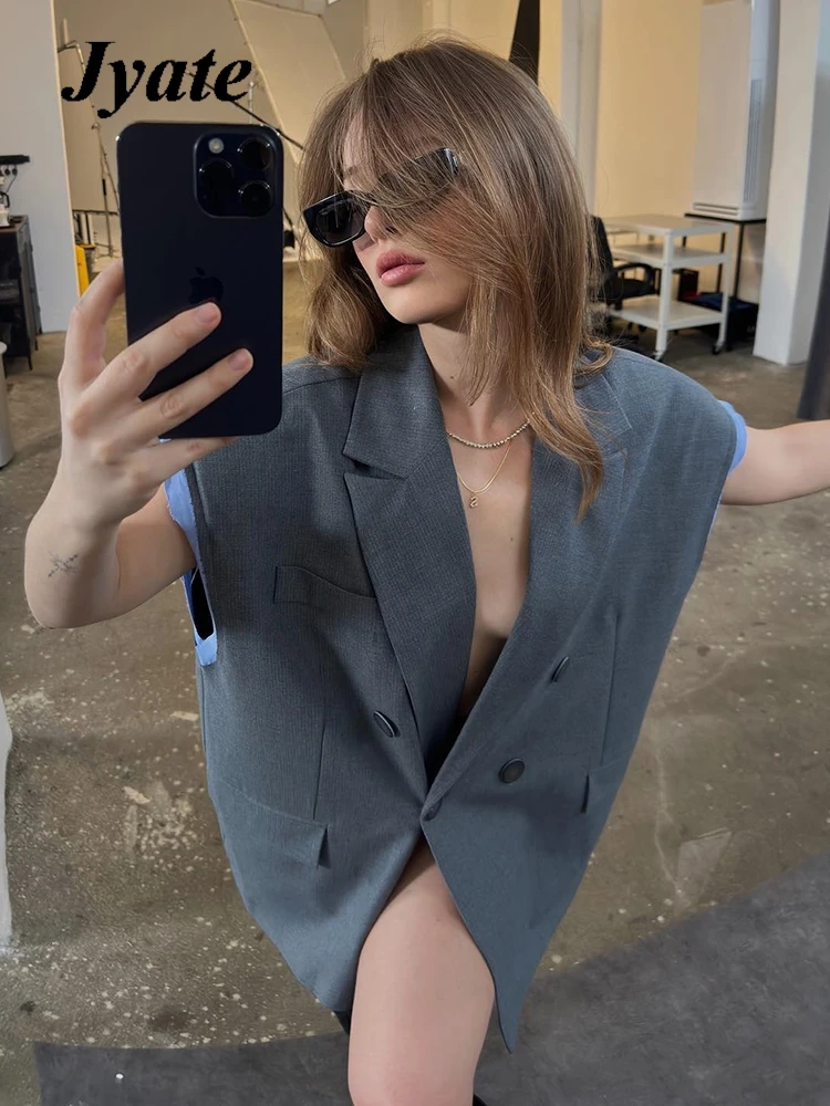 

Cut Out Women's Oversized Vest Lapel Collar Sleeveless Patchwork Double Breasted Back With Buckle Vests Streetwear Fashion Tops