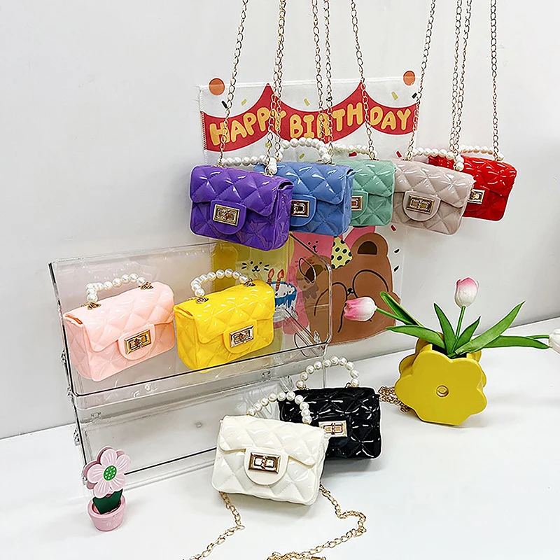 

Pearl Chain Jelly Bag For Kids Child Fashion Mini Handbags PVC Crossbody Coin Purse Lovely Handbag All-match Shoulder Bag