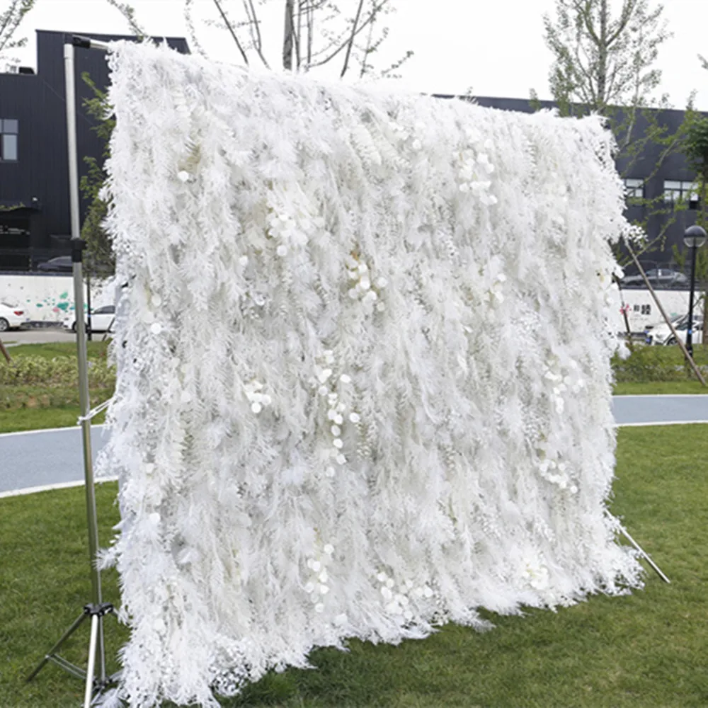 TONGFENG White Wedding Party Backdrop Decoration Artificial Silk Rose Room 3D Roll Up Cloth Fabric Misty Smog Pampas Flower Wall