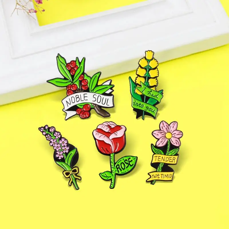 Cartoon-Flowers-Enamel-Pins-Fashion-Colorful-Rose-Lavender-Daisy ...