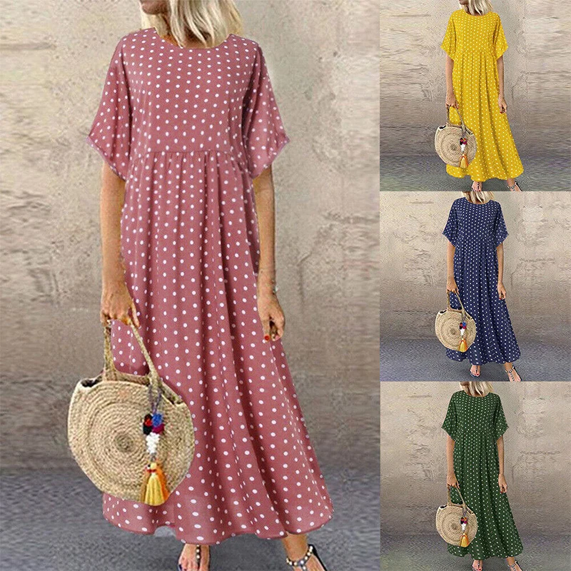 

Summer Ladies Dress Polka Dot Print Bohemian Beach Dress Shirt Women Casual Midi Holiday Loose Dress Sundress Robe Vestidos