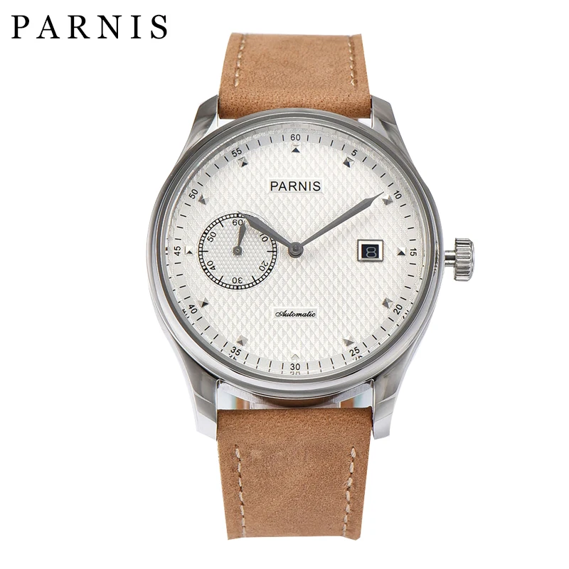 

Fashion Parnis 43mm Silver Stainless Steel Case Automatic Mechanical Men's Watch Leather Strap Calendar Men Watches reloj hombre