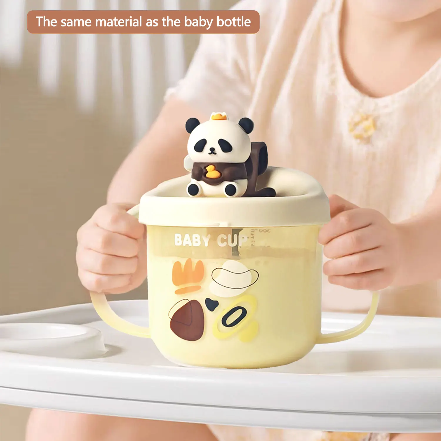 300ML baby panda milk cup, large-capacity breakfast cup, water food-grade PP material, anti-fall, clear scale