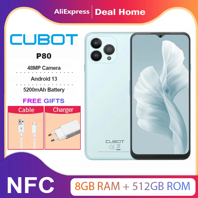 Cubot P80, 8 ГБ + 512 ГБ, экран 6,583 дюйма,4G, 5200mAh, 48МП камера,  Android 13,NFC