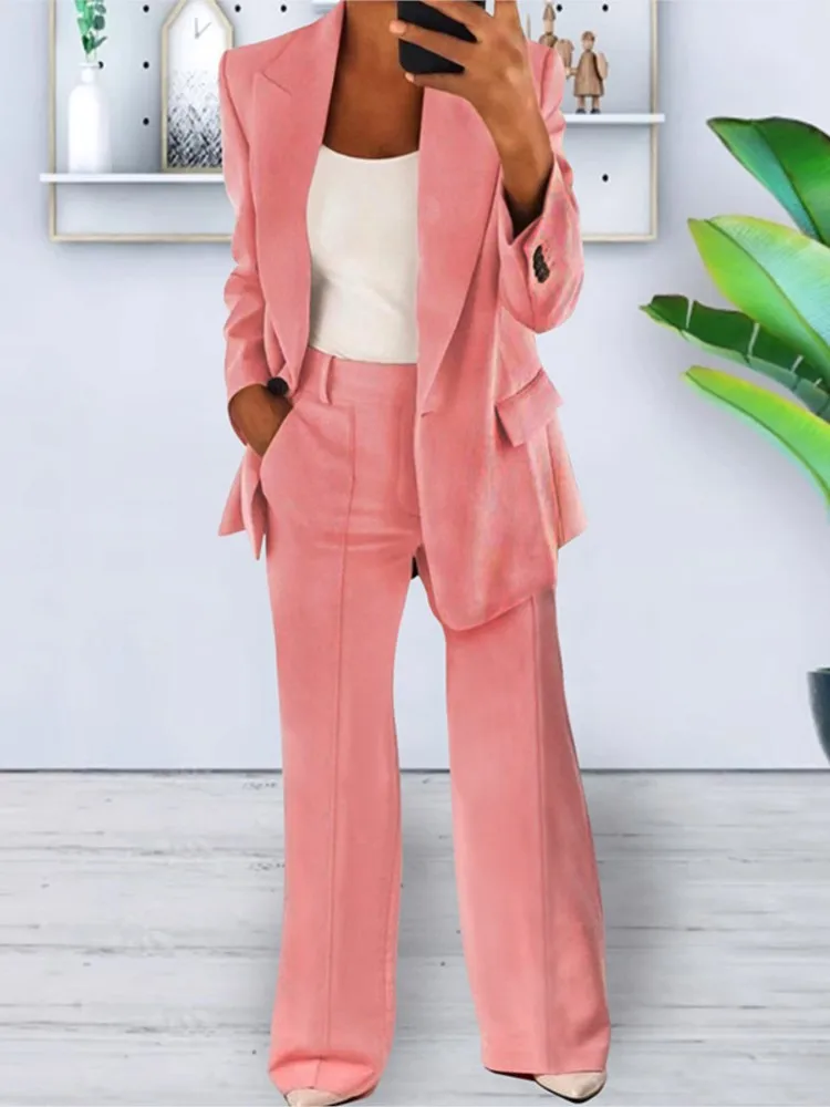 

Spring Autumn New Solid Color Fashion Two Piece Set Women Temperament Cardigan Blazer Long Pant Sets Commuting Lady Clothing