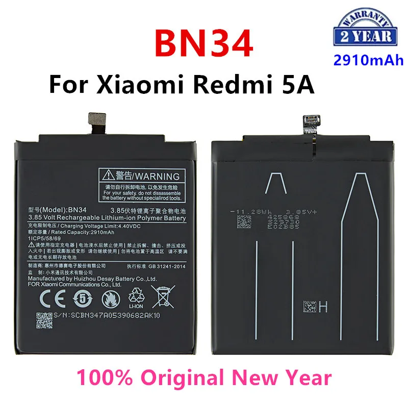

100% Оригинальный аккумулятор BN34 3000 мАч для Xiaomi Redmi 5A 5,0 дюйма BN34 высококачественные сменные батареи для телефона