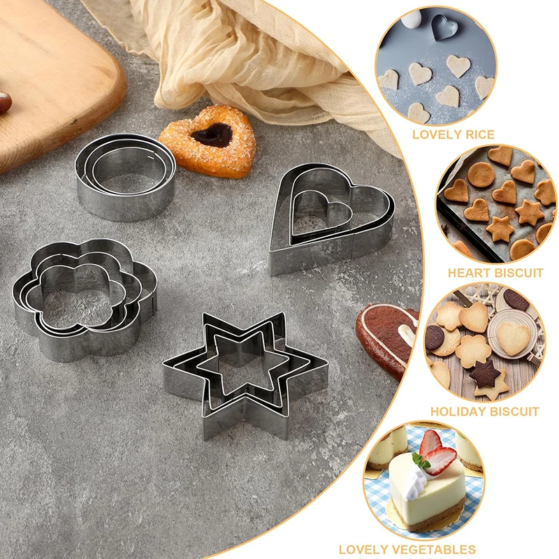 12Pcs Mini Cookie Cutters Set cookie cutter baking mold cookie mould Stainless Steel Biscuit Mold Heart Star Round Flower Biscuit Cutters Kit Cookie Mold Baking Tools