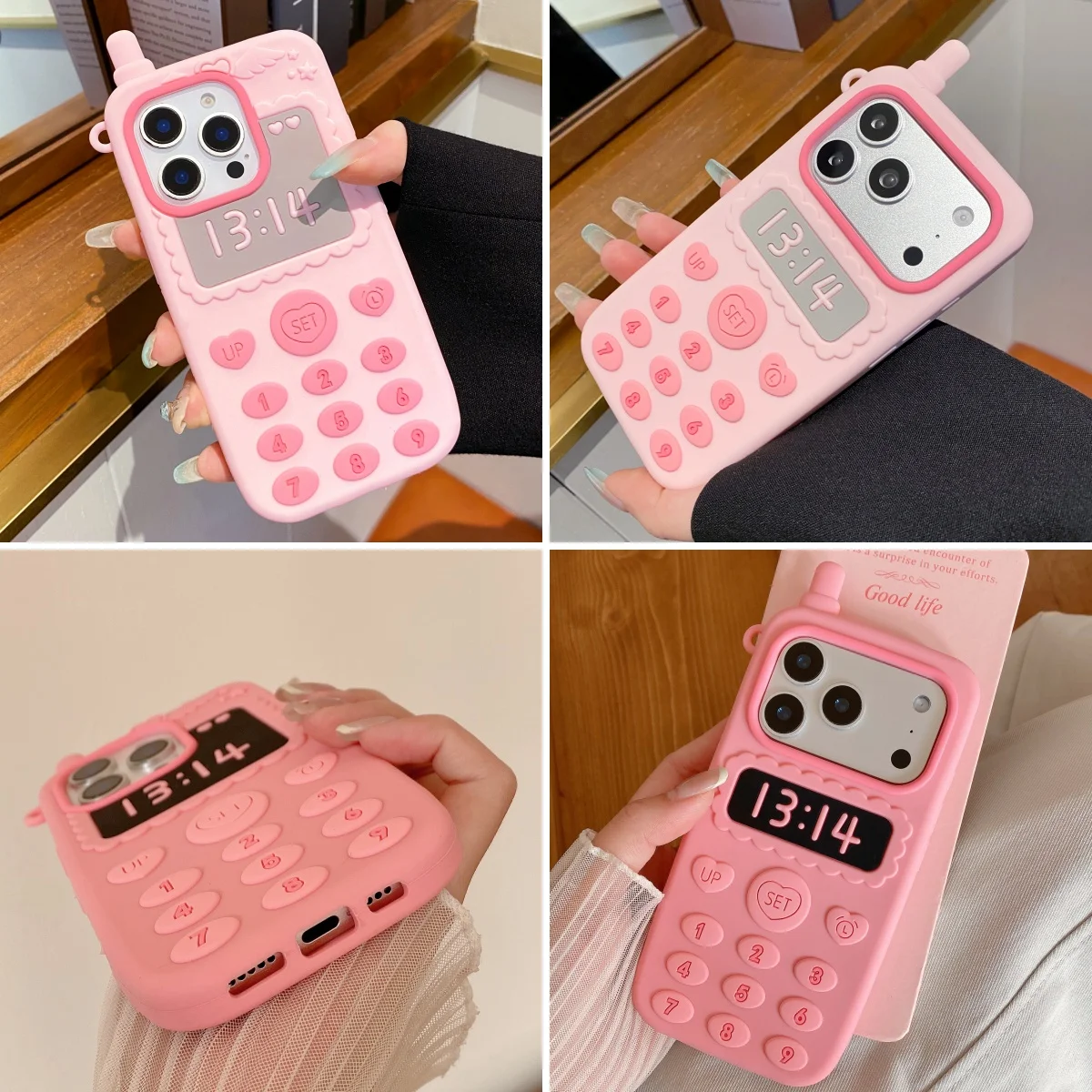 3D Pink Telephone Antenna Silicone Phone Case with Love Heart Shockproof Cover