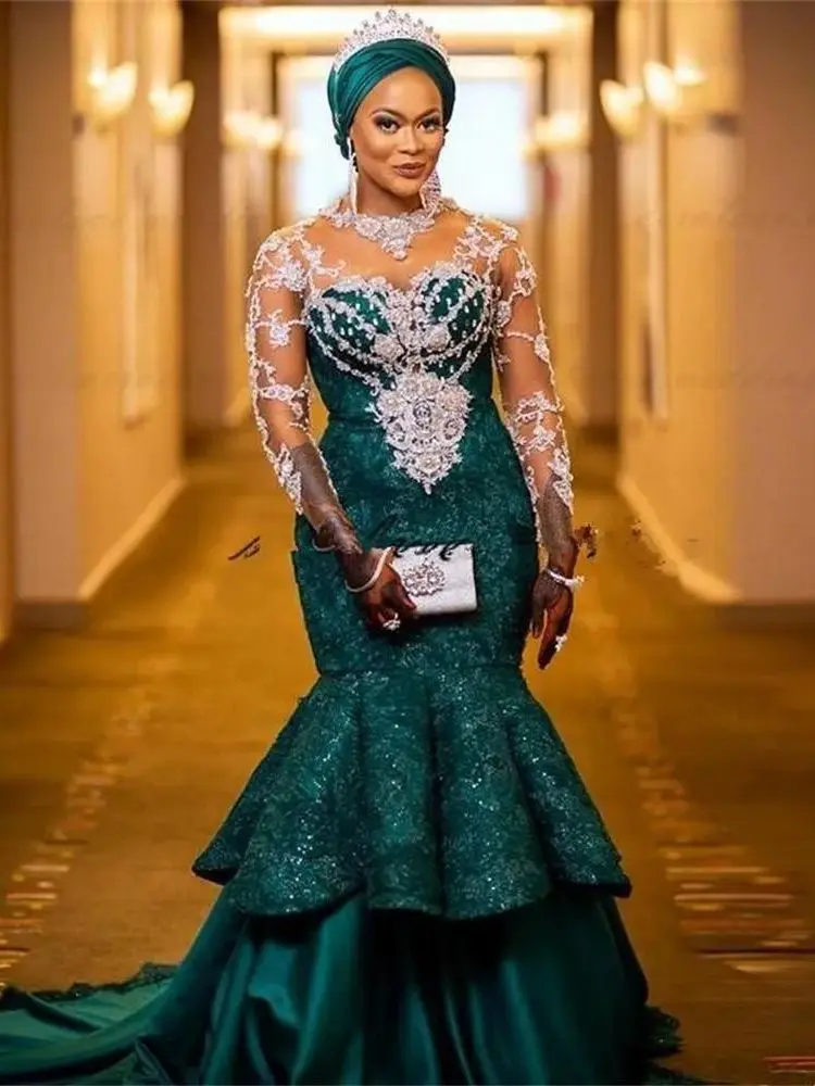 

Green Evening Dresses Long Sleeves Illusion Lace Applique Beaded Sequins Mermaid Tiered Skirt Jewel Neck Sweep Train Prom Gown