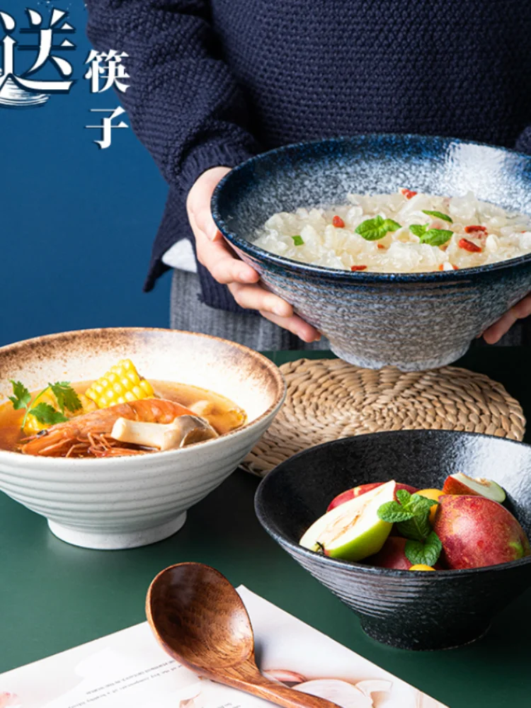 

Japanese ceramic noodle bowl household bamboo bowl large rice soup retro bowl tableware set