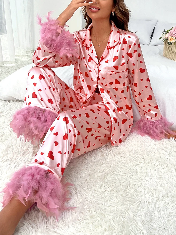 

2024 Spring Women's Pajamas Set with Print Heart Sweet Feather Splicing Pantsuit Two Piece Set Buttons Shirt Home Suit Fpr Women