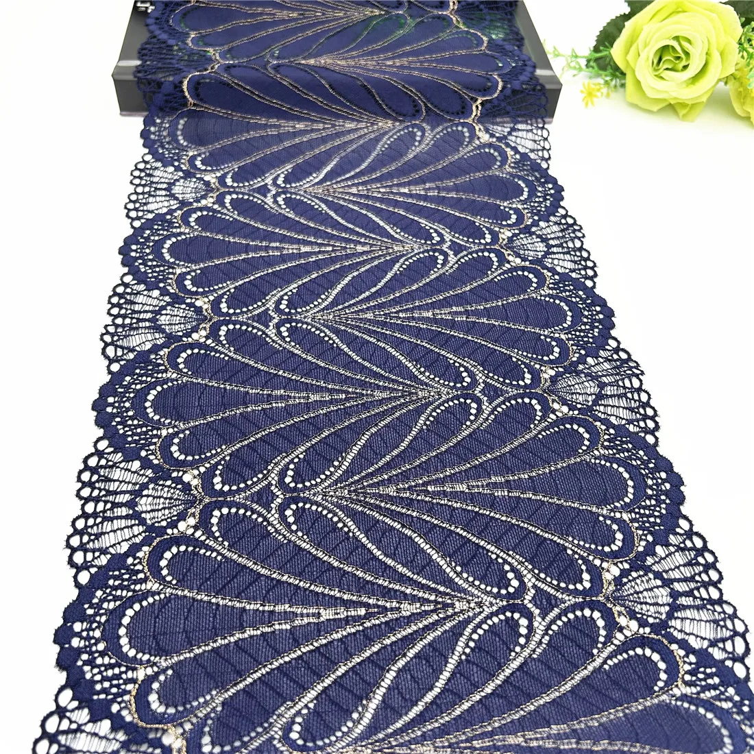 3y/lot Width 23cm Dark Blue Gold Shimmer Elastic Stretch Lace Trim 1