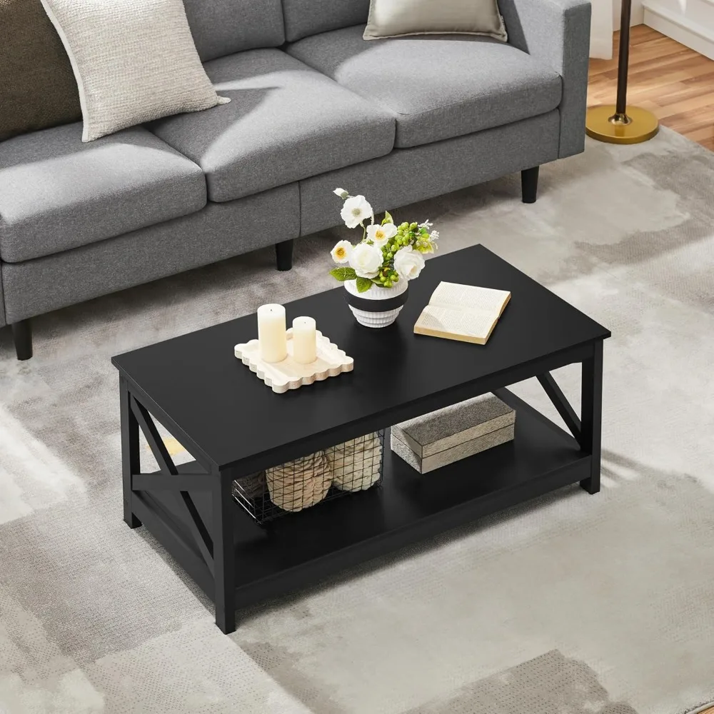 Black Coffee Table with Storage Shelf for Living Room, X Design Accent Cocktail Table, Easy Assembly Home Furniture 4