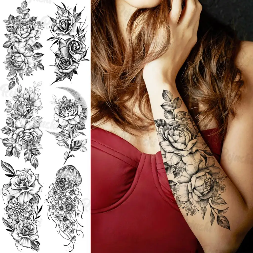 

Large Lotus Temporary Tattoos For Women Girls Realistic Mandala Rose Flower Fake Tattoo Sticker Arm Body Tatoos Jellyfish 3D