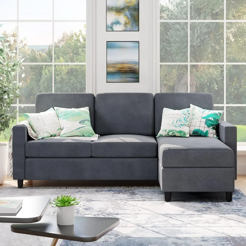 

Modern Linen Fabric L-Shaped Couch 3-Seat Sofa Sectional with Reversible Chaise Living Room, Apartment and Small Space (Grey)