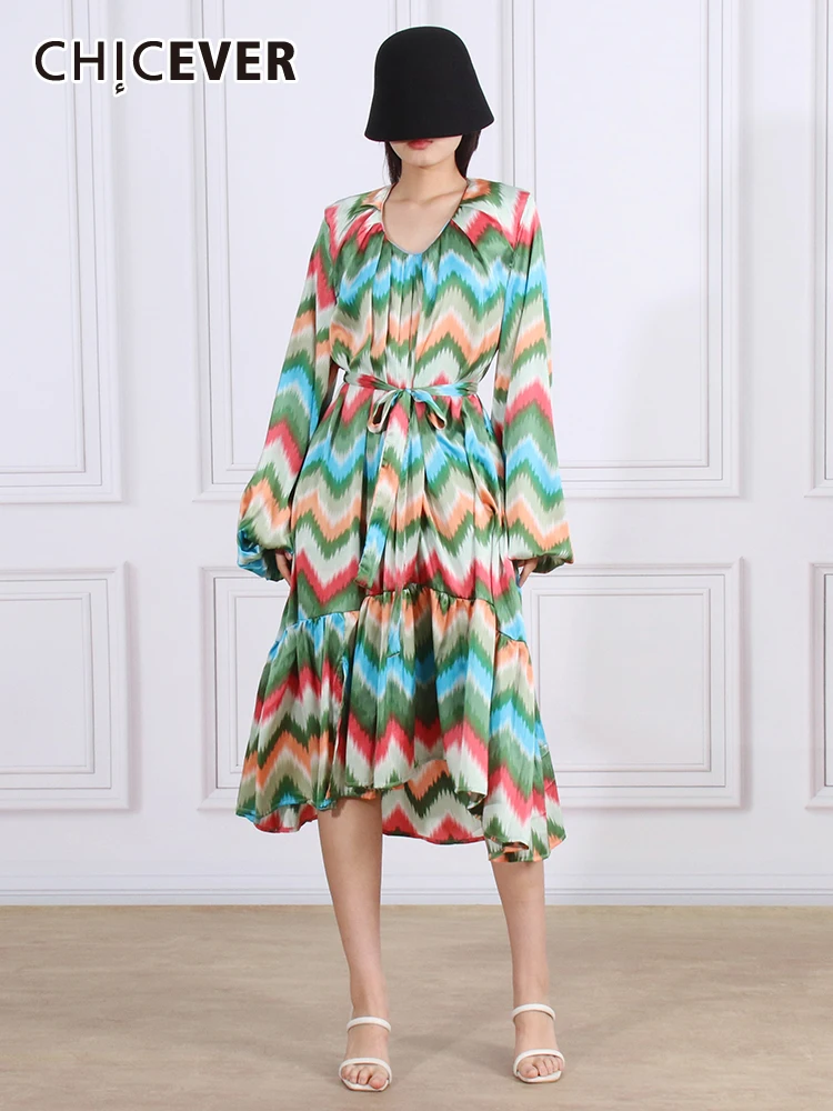 

CHICEVER Hit Color A Line Dresses For Women Round Neck Lantern Sleeve High Waist Spliced Lace Up Irregular Hem Midi Dress Female