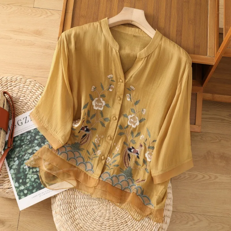 YCMYUNYAN-Vintage Embroidery Blouses for Women, Ladies Clothing, Loose, Short Sleeves, Cotton Linen Tops, Chinese Style, Summer