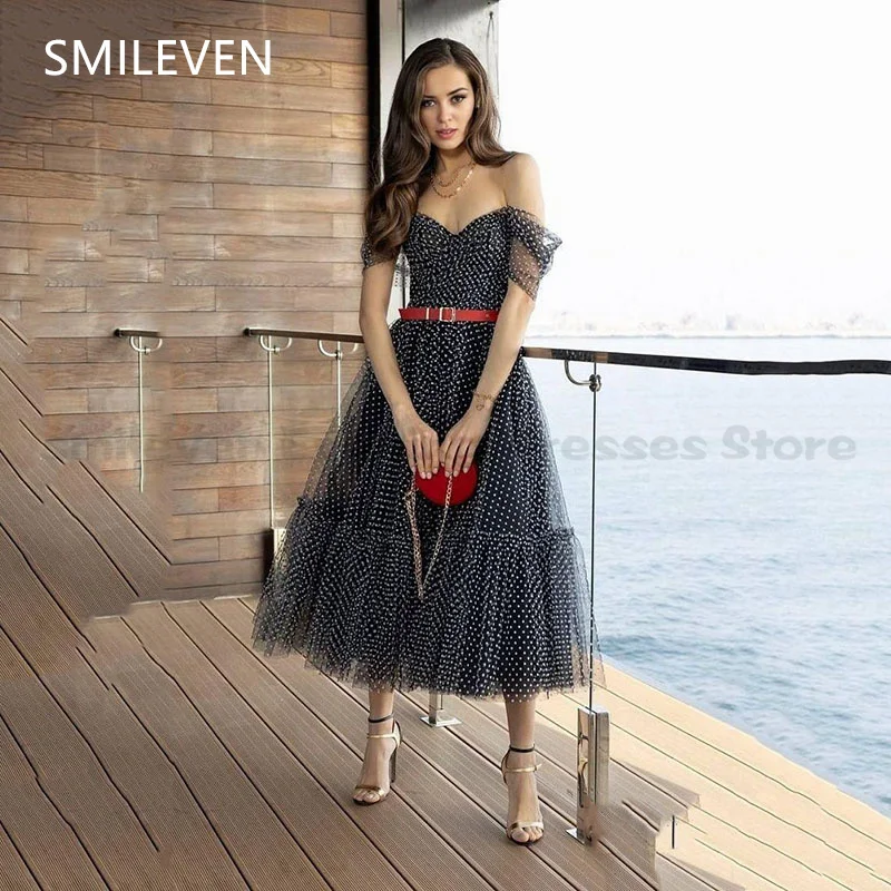 Smileven Black Polka Dots Tulle Prom Dress Sweetheart Off the Shoulder Ball Gown Formal Dresses Ankle-Length Ruched Party Gowns