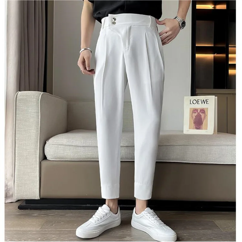 

2023 Mens Streetwear Youth Style Slim Fit Blazers Pants Fashion Casual Pant Man Solid Color Ankle-length Suit Men Trousers