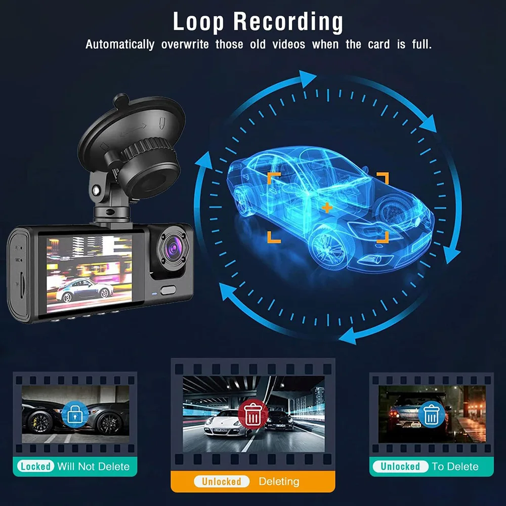 3 Channel Dash Cam for Cars 1080P Video Recorder Front and Rear View Camera for Vehicle Car DVR Night Vision Car Assecories