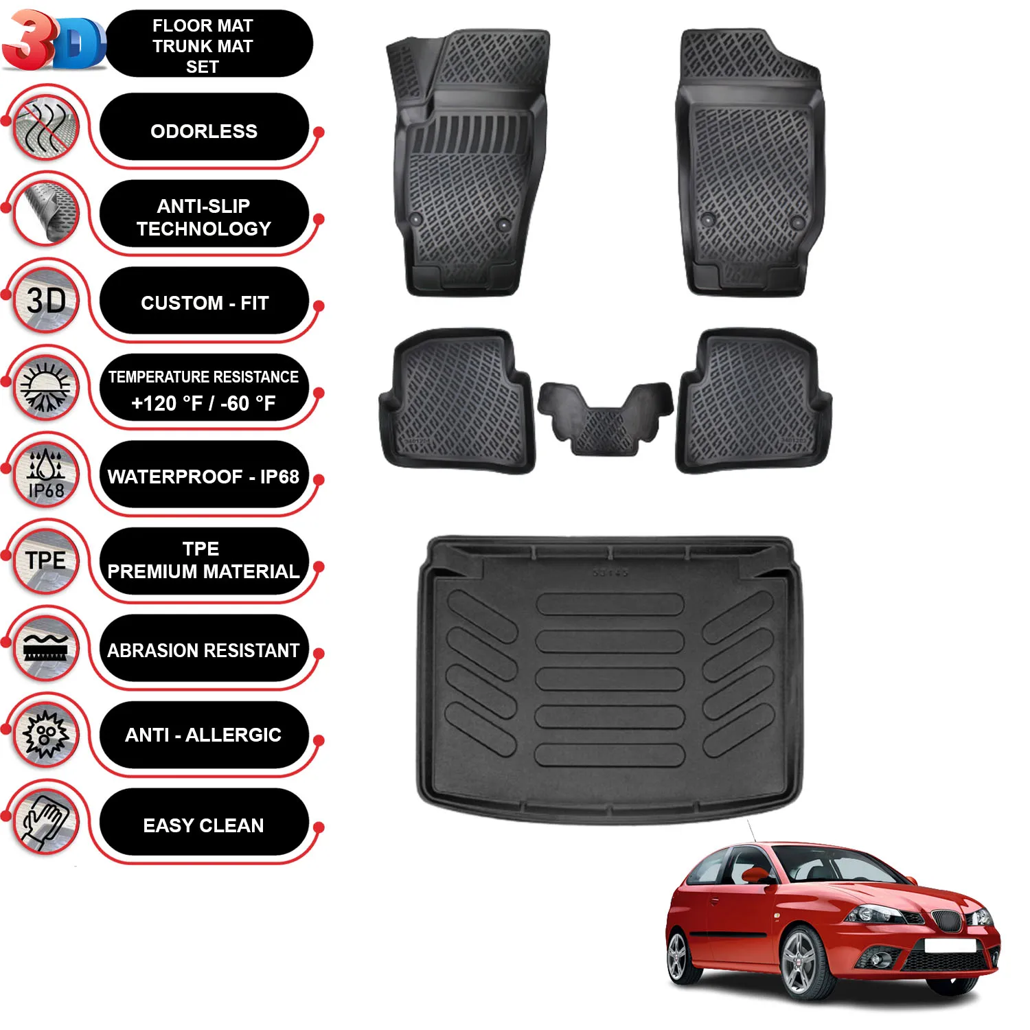

Seat Ibiza - (2002-2008) - Floor Mats + Cargo Trunk Liner - SET - (Black)