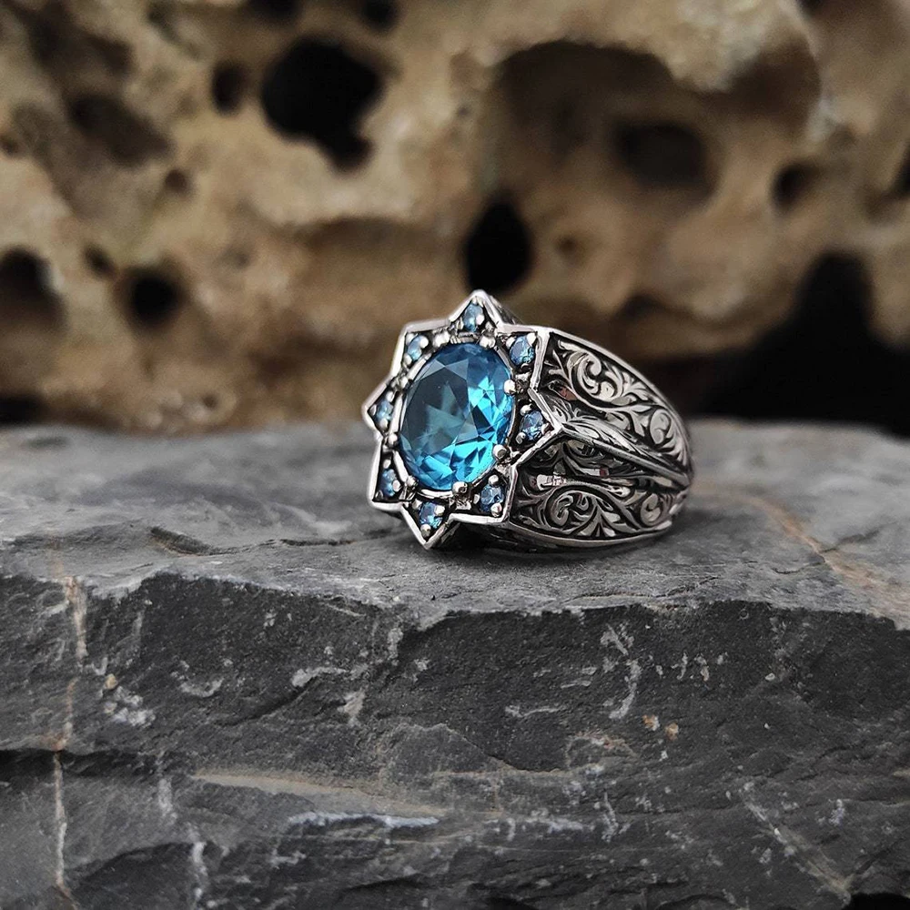 Men's Cabochon Sapphire Statement Ring Blue Stone Vintage Silver Antique  Jewelry | eBay