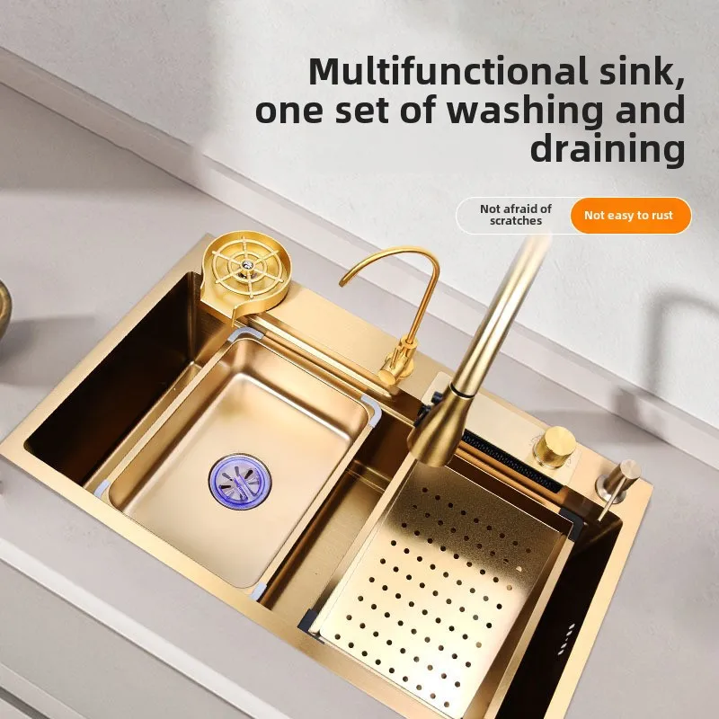 304 Stainless Steel Kitchen Sink with Nano Scratch-Resistant Gold Color Waterfall Rain Shower Large Single Sink Vegetable