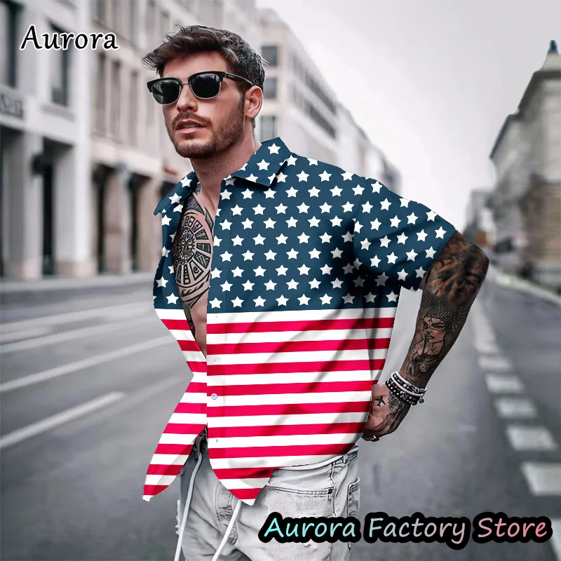 

Summer Men American Flag Shirt Fashion Tops Tees Turn Down Collar Casual Clothing Male Blouse Hawaiian Beach Style Streetwear