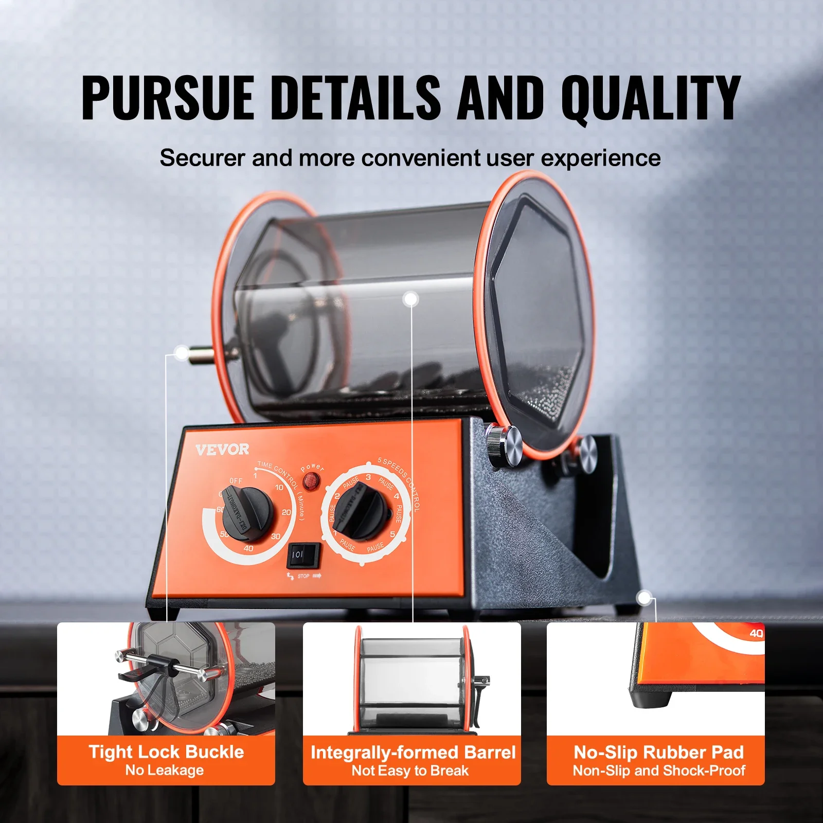VEVOR Rotary Tumbler Surface Horizontal Polisher 3kg5kg Mini Jewelry Drum Polishing Machine w/ 0-60 Minutes Timer Finishing Tool 3