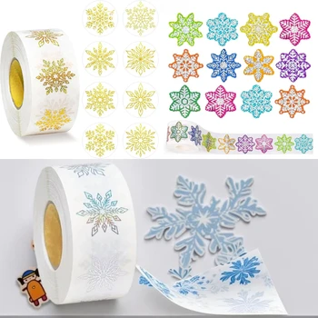 500Sheets/roll Transparent Colorful Snowflakes Stickers Christmas Tags Stickers For Baking Package Envelope Decor Stationery