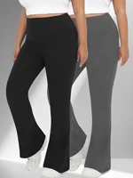2 Pack Plus Size Women's Super Soft High Waisted Flare Pants, Leggings Tummy Control Soft Bootleg Bell Bottoms Running