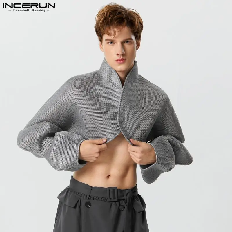 

INCERUN Men Blazer Solid Color Stand Collar Puff Long Sleeve Casual Suits Men Streetwear 2023 Button Autumn Fashion Crop Coats