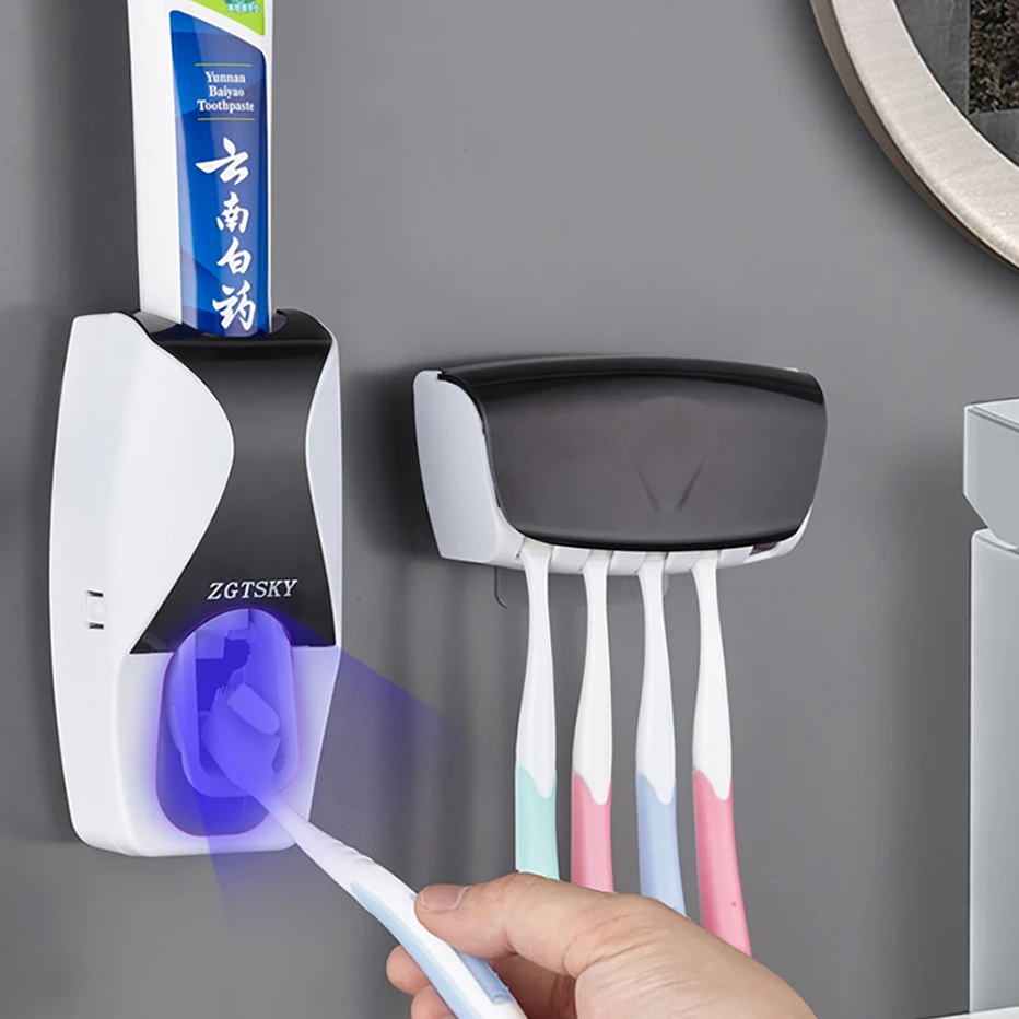 Toothpaste Dispenser Wall Mounted and 2 Pack Toothbrush Holder for  Bathroom, Black Automatic Toothpaste Squeezer and Electric Toothbrush  Holder Tooth