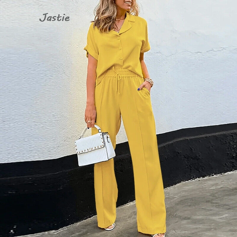 New Casual Summer Women Set Short Sleeve Lapel Blouse + High Waist Wide Leg Pants Solid Button Loose Shirts Vacation Outfits