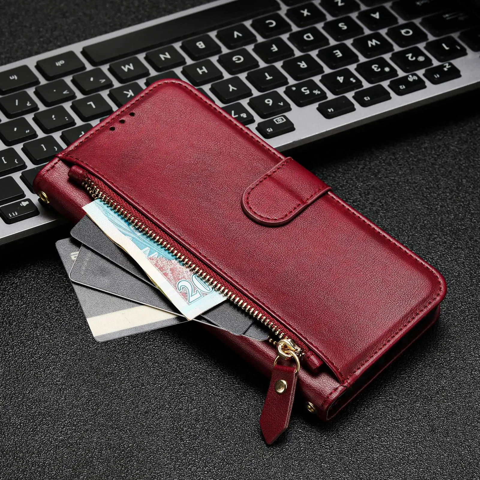 Strap Zipper Card Leather Wallet Case with Flip Cover