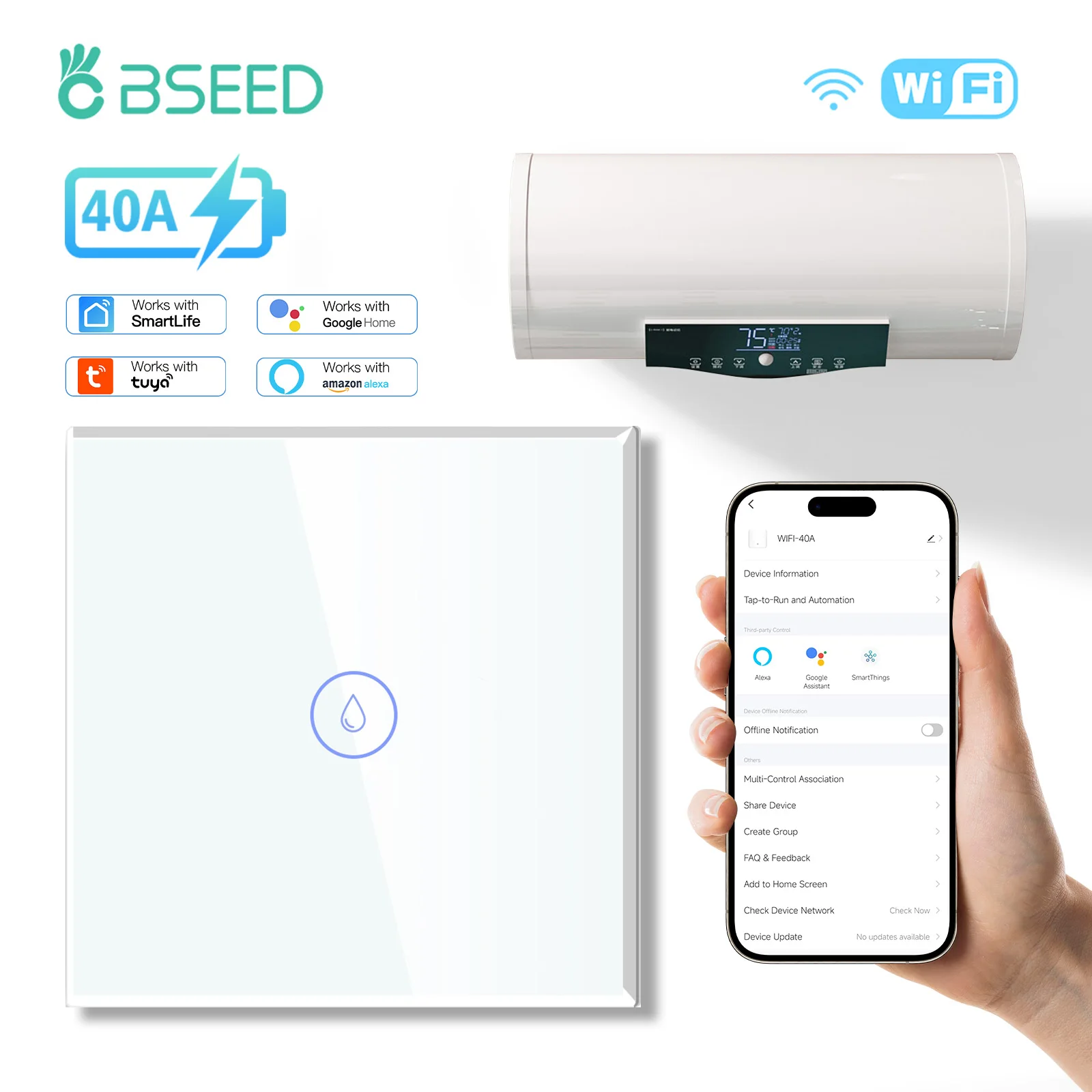 BSEED 40A Smart Wifi Water Heater Boiler Wall Touch Switch Air Conditioner Timing Function Tuya Alexa Google Home Voice Control 1