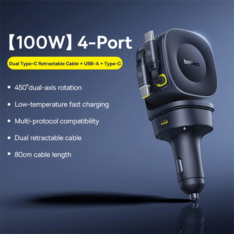 Baseus 100 W Autoladegerät PD QC Schnellladung Dual Typ-C einziehbares Kabel 4 Anschlüsse 450 ° Rotation für Laptop Tablet iPhone Samsung