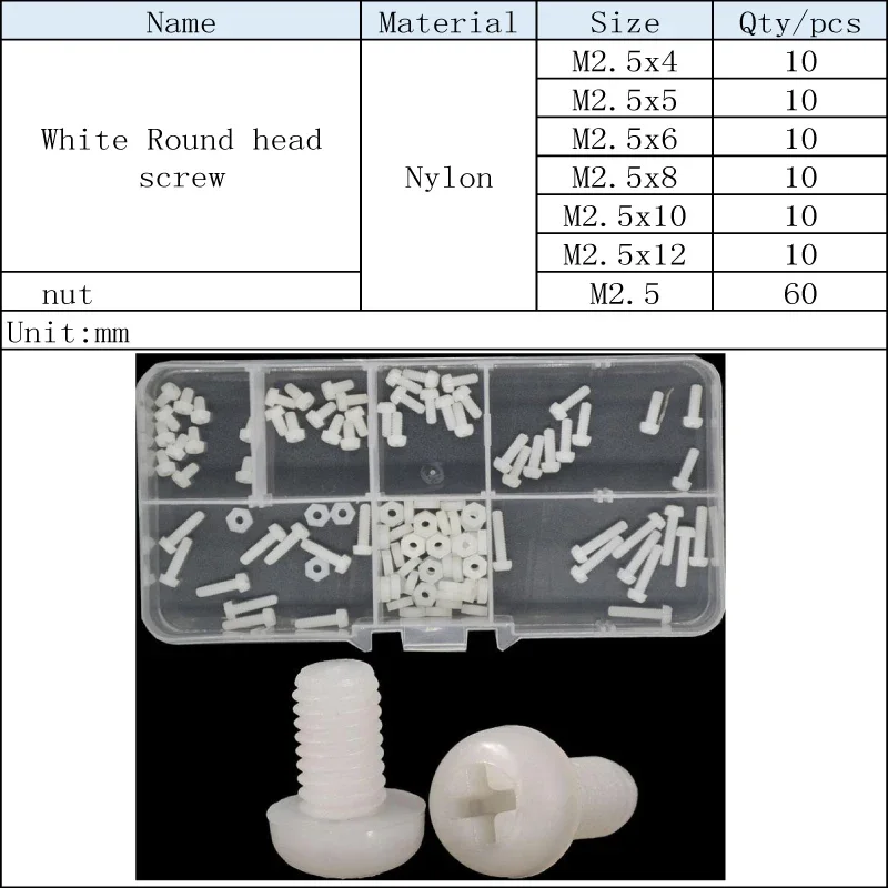 M2 M2.5 M3 M4 M5 M6 White Nylon Phillipis Bolt and Nut Set Plastic Machine Screw Cross Round Head Screw Classification Box Kit