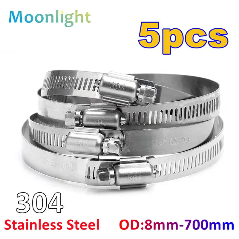 5pcs 8mm-700mm Pipe Clamps Heavy Duty Stainless Steel Hose Clips Car Fuel Hose Pipe Clamps Worm Drive Durable Anti-oxidation