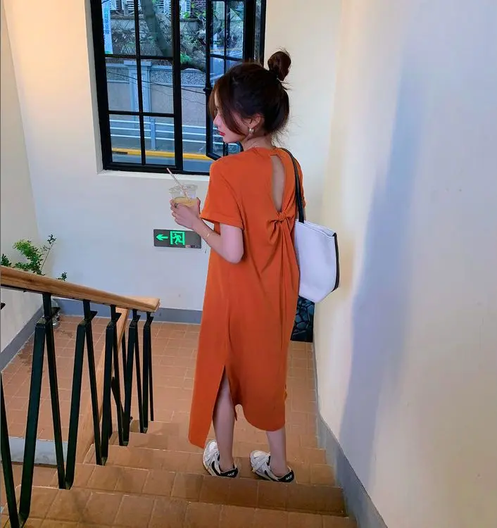 Casual Backless T Shirt Dress Summer New Round Neck Short Sleeve Solid Color Loose Midi Dress Fashion Trend Women Clothing